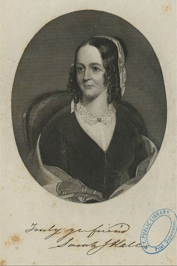 Portrait of Sarah Josepha Hale with her original signature on it.