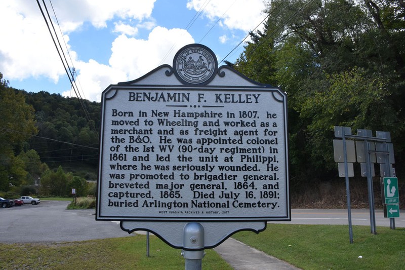 The marker for Gen. Kelley in Philippi, WV. 

Photo courtesy of the West Virginia Archives. 