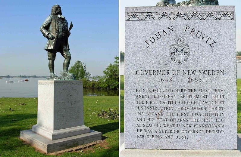 The statue of Governor Johan Printz and accompanying historical information. 