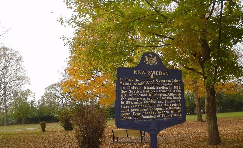 The New Sweden historical marker with Printz Park in the background. 