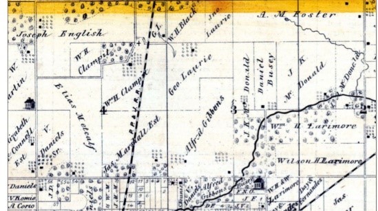 1872 Morgan County map, Land under George and Jno. Laurie section 3 and 4