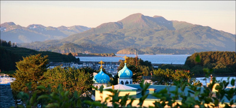 View of Holy Resurrection Russian Orthodox Church cupolas, Kodiak, Alaska