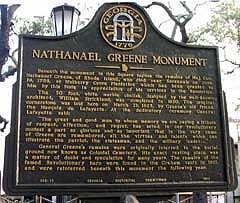 This plaque is located near the monument and describes Greene's career.
