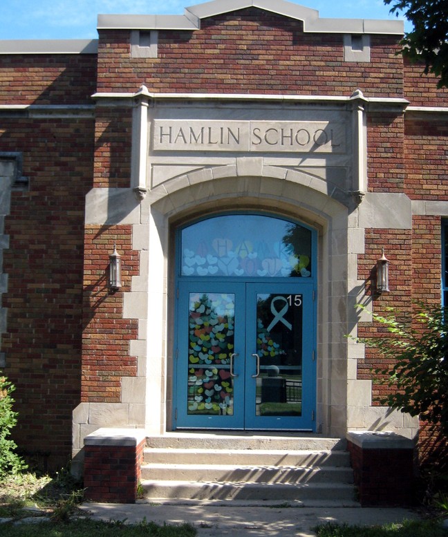 Hamlin School, door on south elevation, 2020