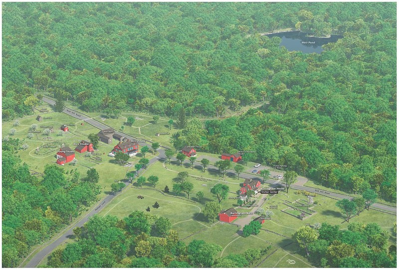 An illustrated map featuring an aerial view of the Weir Farm.