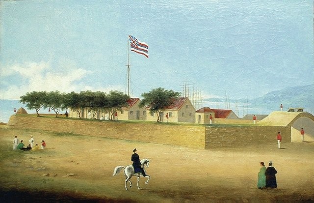 1853 Painting by Paul Emmert -- Fort Street was named for the fort that existed from 1816 until 1857 at Honolulu Harbor; it was about 300 by 340 feet and enclosed nearly 2 acres. 