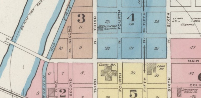 Downtown Lafayette in 1885, 400 block Main St. N side in Square 27; streetcar line on 5th St. (Sanborn Map Company p. 1)