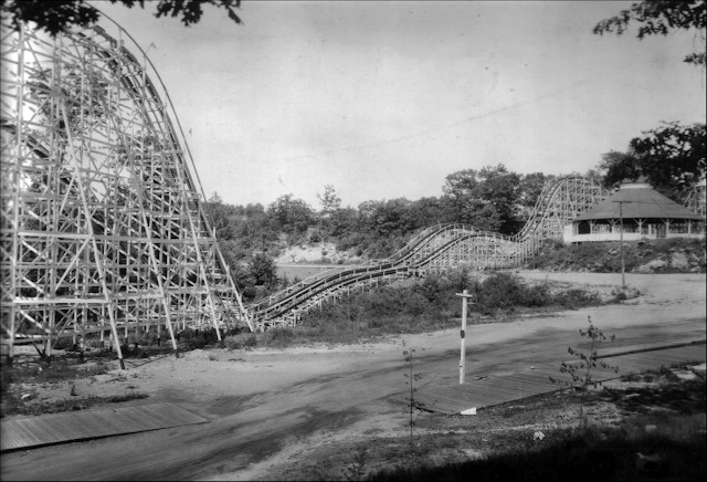 The "roller coaster" from the 1930s sold to a New Hampshire amusement park in 1936 after six years at Lakewood Park. It is still operating. A Mattatuck Museum Collection.