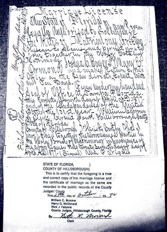 Joshua and Mary Ormand Boyer’s marriage license.