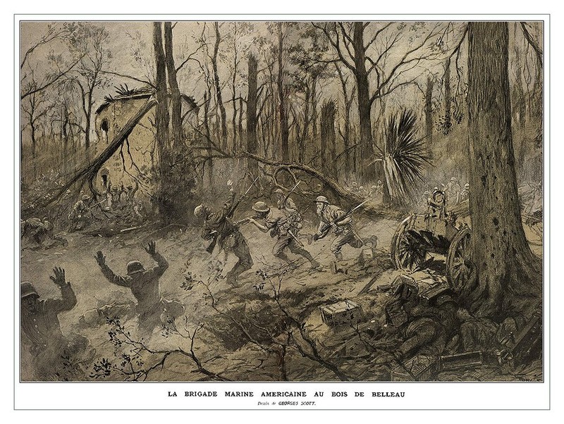 With the Title saying "La Brigade Marine Americaine Au Bois de Belleau" translating from French into "The American Marine Brigade at Belleau Wood", this portrait portrays what was likely seen at the Belleau Woods and what probably Frank and Emil might of 