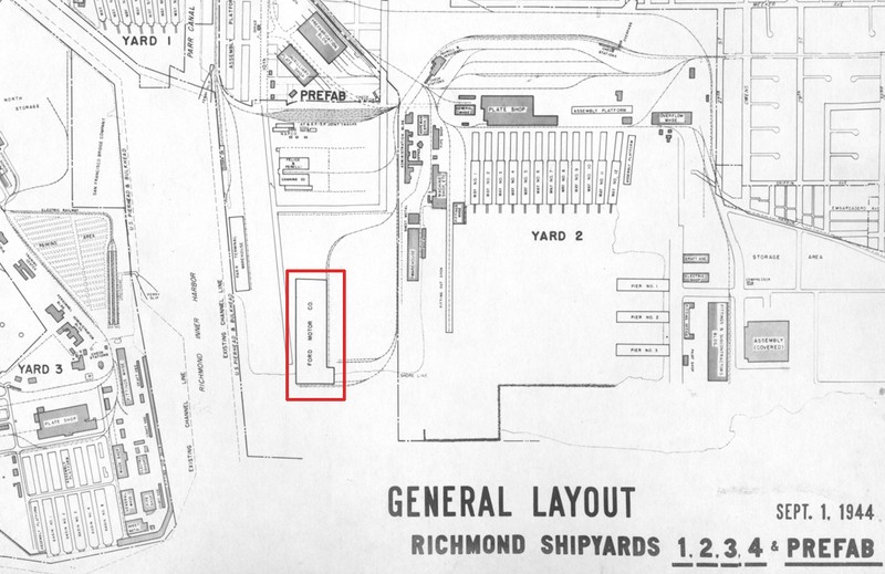 Overhead map showing the placement of Ford Assembly relative to the surrounding shipyards and terminals (Kaiser Archives).