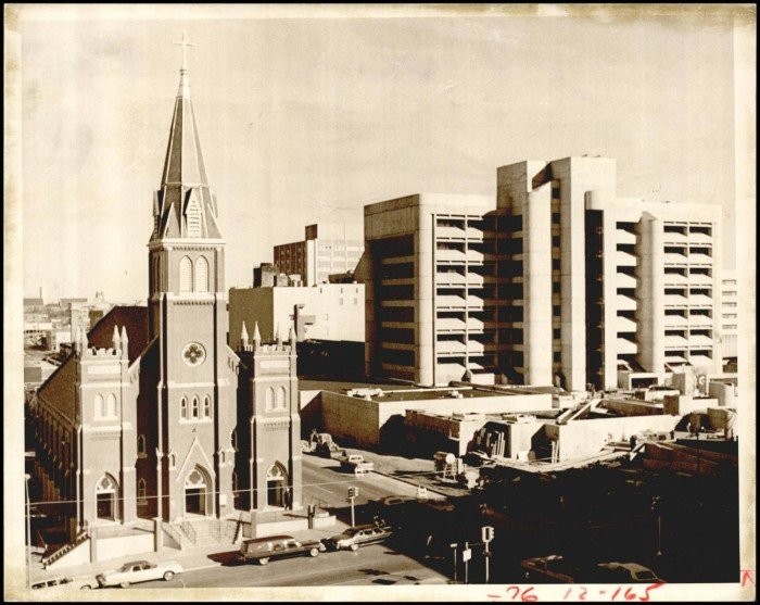Photograph used in story by the Oklahoma Times newspaper. Caption: "Nineteenth Century church of Gothic Design and an almost-finished 20th Century structure of contemporary design make an interesting architectural contrast in downtown Oklahoma City"