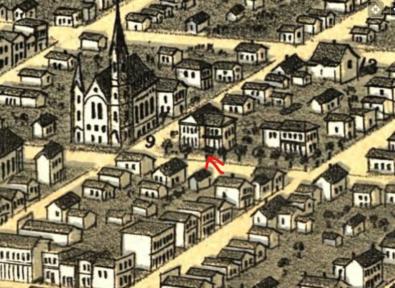 Insley House (red arrow) on Bird's Eye View of the City of Leavenworth, Kansas 1869 map (Ruger 1869)