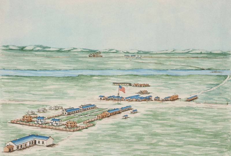 This painting depicts Fort Sedgwick in 1871 just before the post was abandoned and the troops relocated.  The Denver Road or the South Platte River Road as it was also known runs across the photo and through the post.