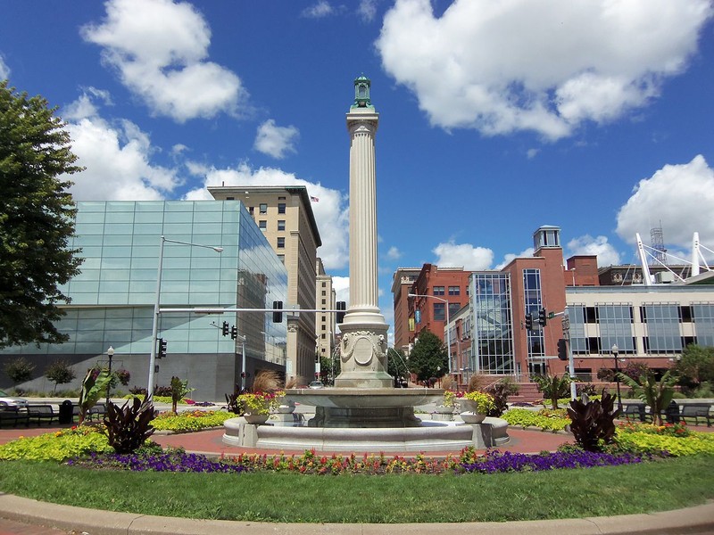 The Dillon Memorial was erected in 1918 in honor of prominent judge and lawyer John Dillon, who served as Judge of the Eight Circuit Court from 1869-1879.