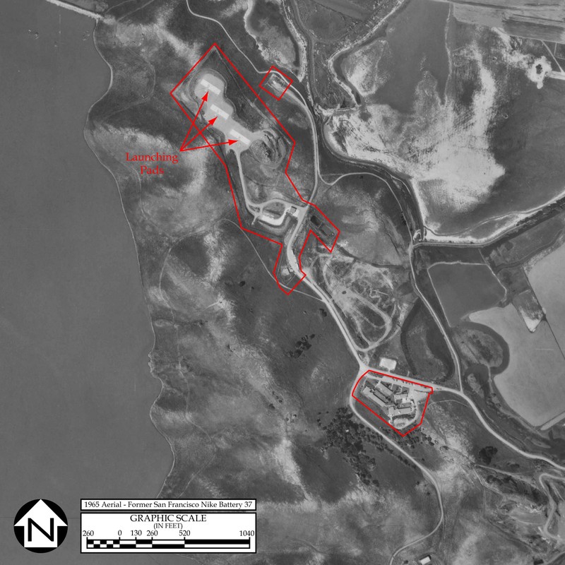 A 1965 aerial showing the Administrative and Launch sections of the Nike missile facility at Coyote Hills (MilitaryMuseum.org).