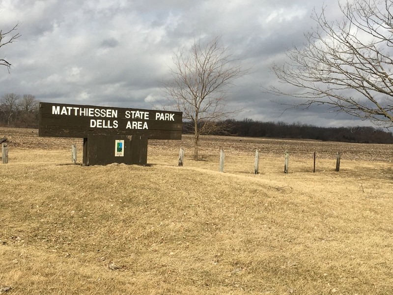 The sign that marks the entrance to Matthiessen State Park located off of Illinois State Route 178.