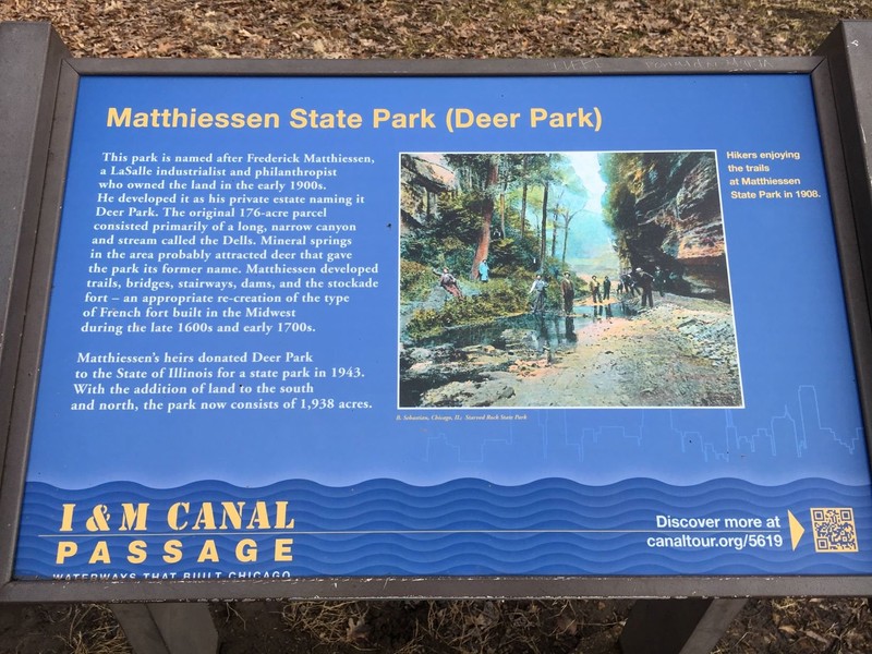 A sign that has a brief history of how Matthiessen State Park came to be.