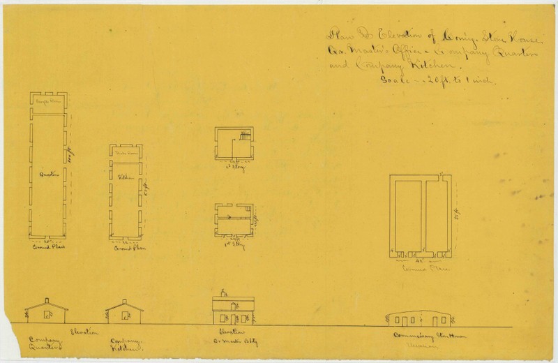 1866 military drawing of floor plan and elevations of buildings on Fort Sedgwick. (Courtesy of the Map Division, Archives II, NARA)