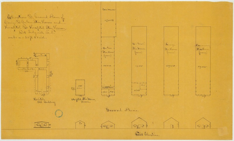 1866 military drawing of floor plan and elevations of buildings on Fort Sedgwick. (Courtesy of the Map Division, Archives II, NARA)