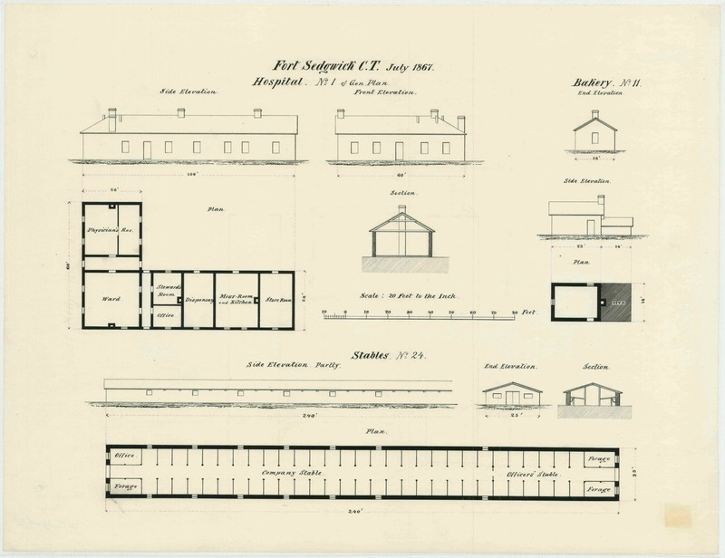 July 1867 military architectural plans for the bakery, stable, and hospital at Fort Sedgwick (Courtesy of the Map Division, Archives II, NARA)