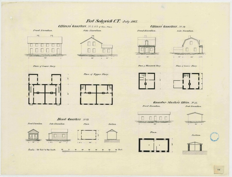 July 1867 military architectural plans for the officers' quarters, headquarters, and quartermaster's office at Fort Sedgwick (Courtesy of the Map Division, Archives II, NARA)