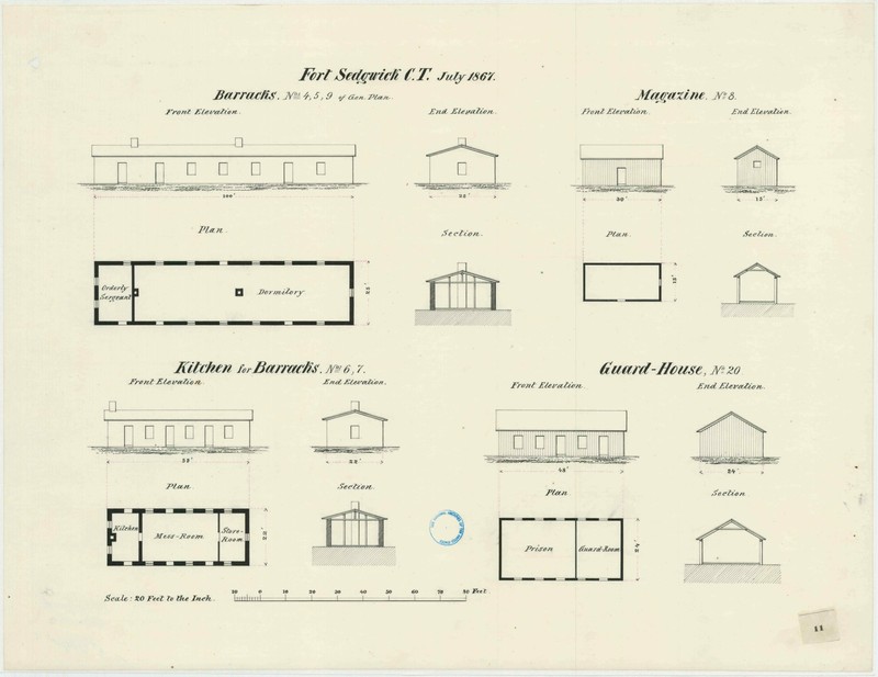 July 1867 military architectural plans for the barracks, kitchen, magazine and guard house at Fort Sedgwick (Courtesy of the Map Division, Archives II, NARA)