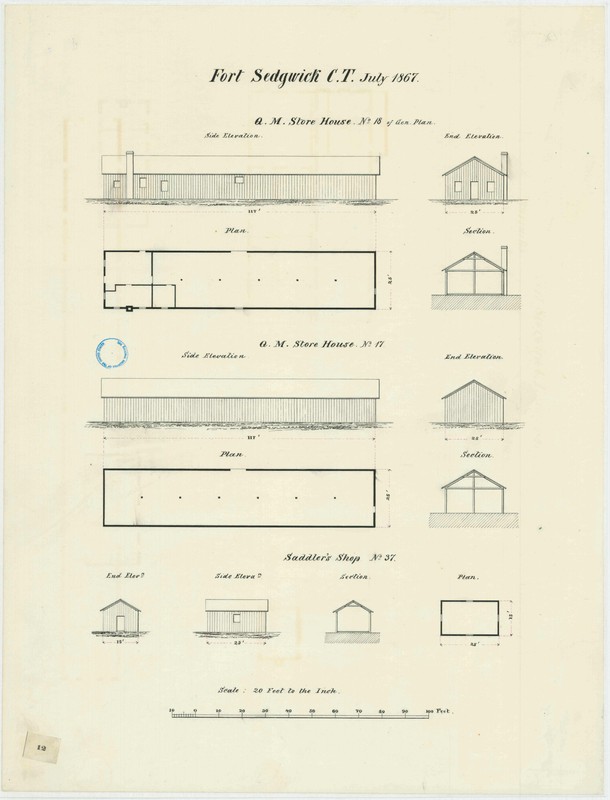 July 1867 military architectural plans for the quartermaster's store houses and saddler's shop at Fort Sedgwick (Courtesy of the Map Division, Archives II, NARA)