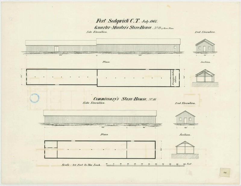 July 1867 military architectural plans for the quartermaster's store houses and saddler's shop at Fort Sedgwick (Courtesy of the Map Division, Archives II, NARA)