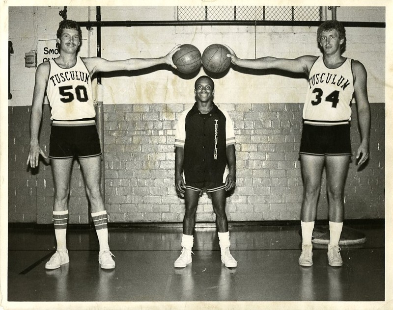 Members of the basketball team in the old gymnasium