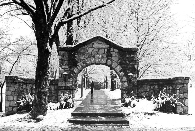 The arch under snowfall.