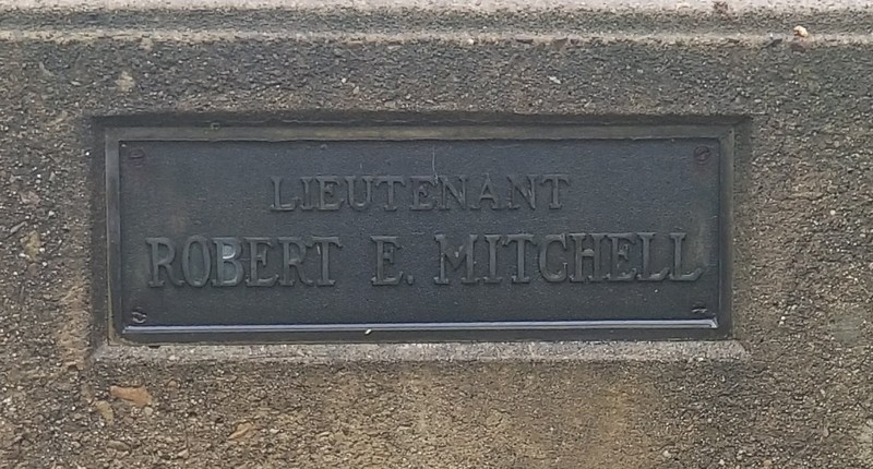 Lieutenant Robert E. Mitchell plaque as seen on the flagpole base. Mitchell was killed in the First World War October 15, 1918.