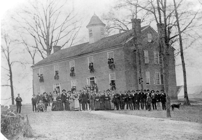 Students gathered in front of Old College, 1800s