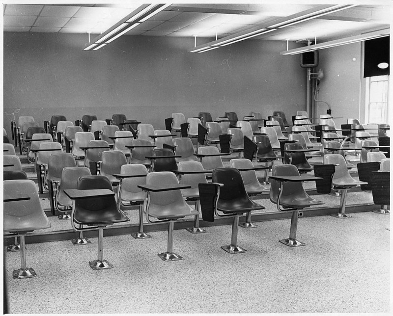 When the Science Hall was renovated in the 1960s, a large, modern lecture hall was installed on the first floor.  Photograph taken 1971.