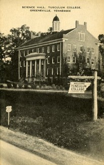 Tusculum College postcard featuring the Science Hall and the campus sign.