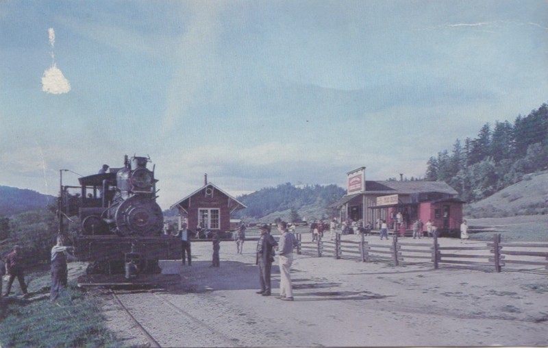 The park's first locomotive, the "Dixiana Shay," named after its manufacturer (Shay) and town of origin (Dixiana, Indiana). This photograph was taken in 1966, only three years after the attraction opened (Santa Cruz Trains).