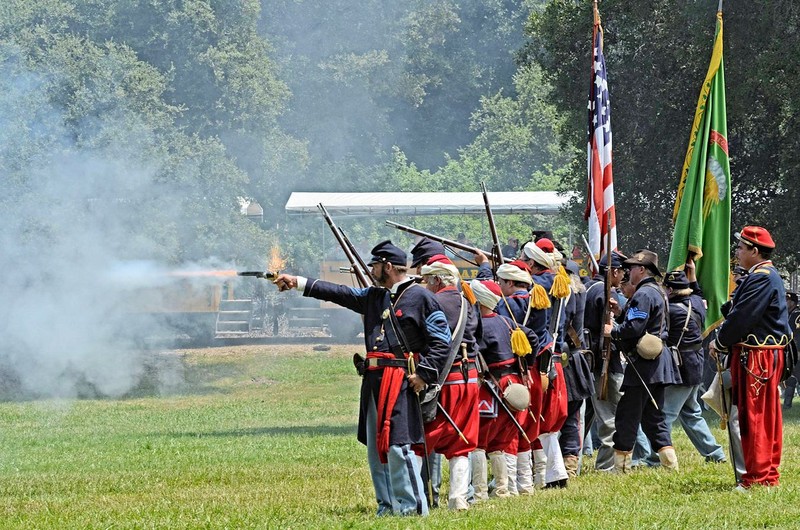 Annual Civil War reenactments are held on a large field at Roaring Camp as part of Memorial Day celebrations. 