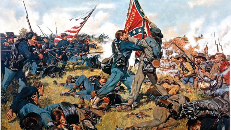 Corporal Francis A. Wallar of the Iron Brigade's 6th Wisconsin struggles with the 2nd Mississippi's color-bearer in the Unfinished Railroad Cut for possession of the Confederate regiment's flag on July 1, 1863.