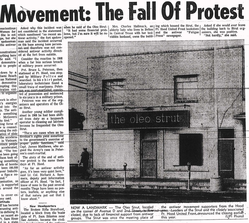 Newspaper clipping when Oleo Strut was shut down.