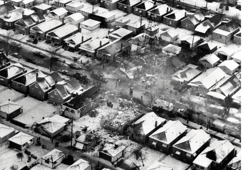 This is the area where the plane crashed into bungalows.