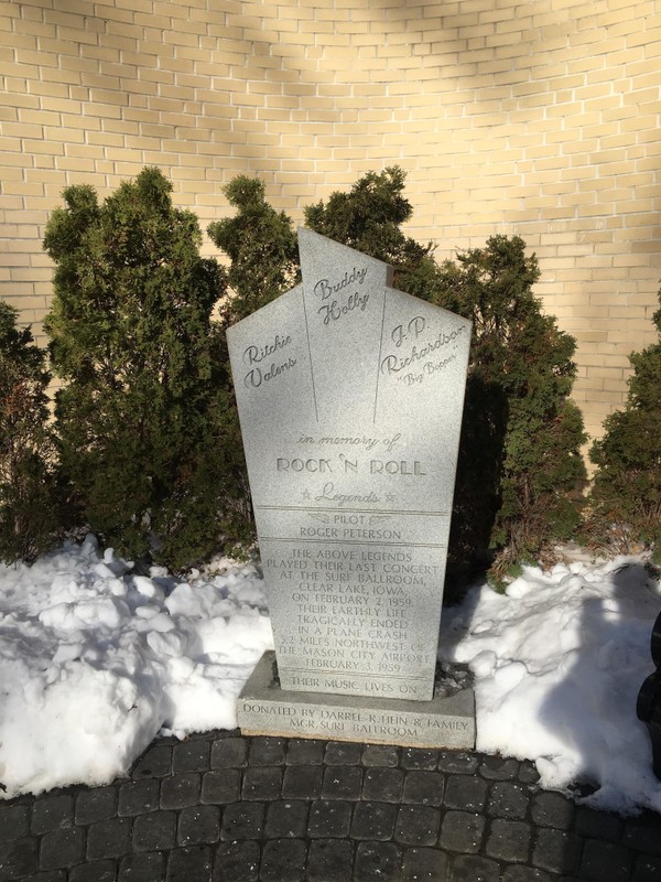 Surf Ballroom, exterior, showing memorial stone.