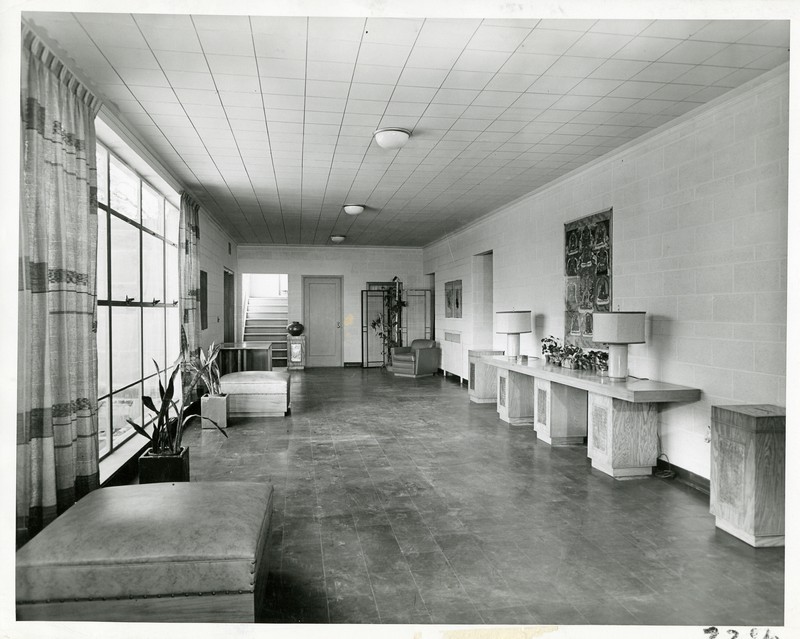 Interior design, Fixture, Hall, Black-and-white