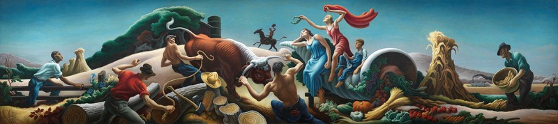 A white man wrestles a bull. Two white men and a Black man come from his left to help him. On his right, two women sit on a cornucopia.