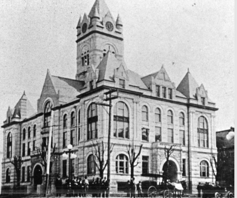 1914 pre-fire photo of Cole County Courthouse from Standard Atlas Cole Co. p. 71, copied by M. Patricia Holmes in 1972