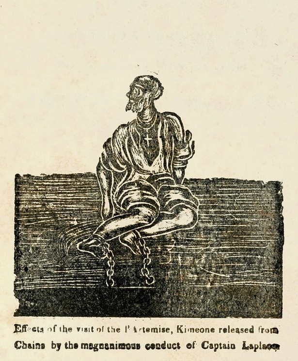 Artwork: Effects of the visit of the 'L'Artemise,' Kimeone released from chains by Captain Laplace. Jules Dudoit (1803—1866) 