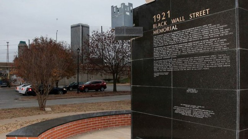 The Memorial created as a result of the Tulsa Race Reconciliation Act that was placed outside the Greenwood Cultural Center near downtown Tulsa, Oklahoma.