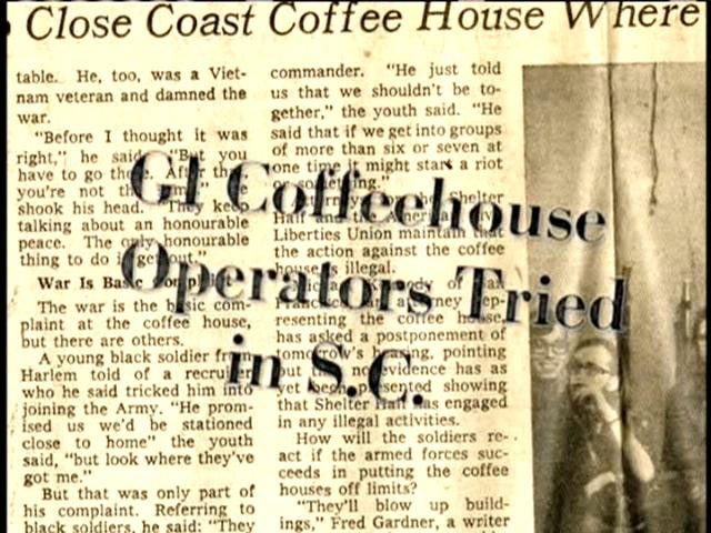 A still of a newspaper mentioning the activities that happened because of the GI Coffeehouse in Columbia, SC.