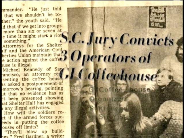 Another still of a newspaper mentioning the activities that happened because of the GI Coffeehouse in Columbia, SC.