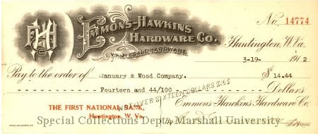 Bank check from Emmons-Hawkins Hardware dated March 19, 1912