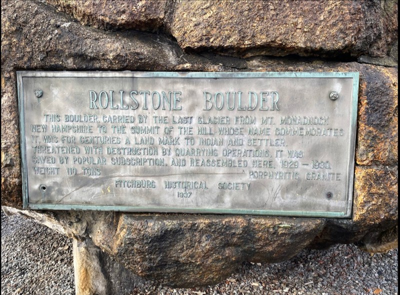 A recently taking photo of the Rollstone Boulder. This photo was taken of the plaque in front of the boulder. 